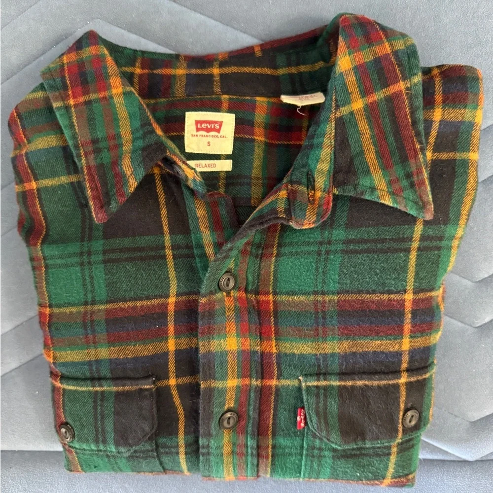 Levi’s Green Plaid Flannel Shirt Tartan Button Front Relaxed Fit S